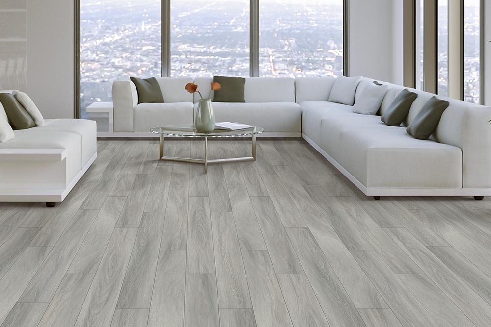 Living Room Gray Greige Luxury Vinyl Plank LVP -  Aumsbaugh Flooring CarpetsPlus Colortile in  Columbia City, IN